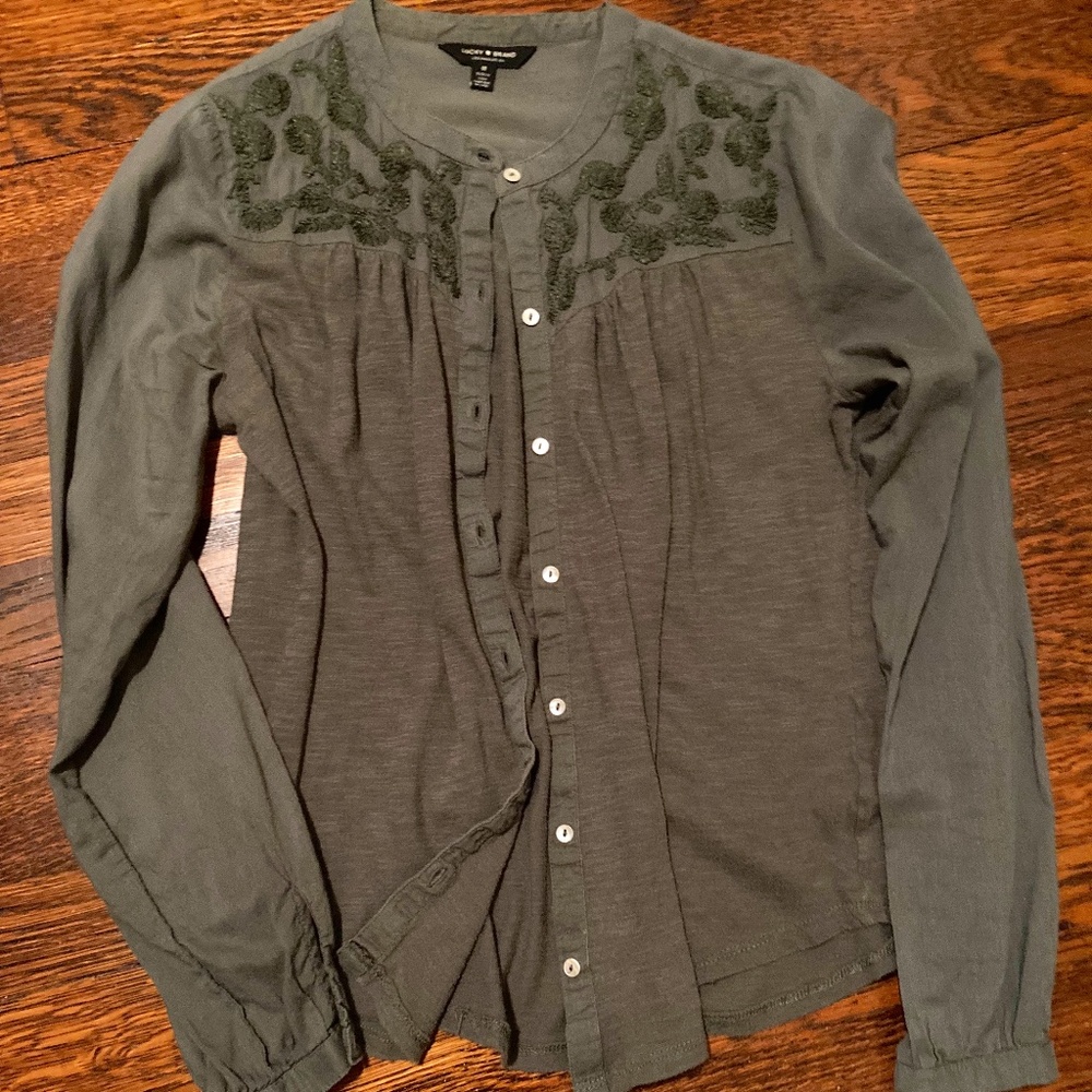 Lucky Brand Olive Green Embroidered Long Sleeve Blouse Size Medium